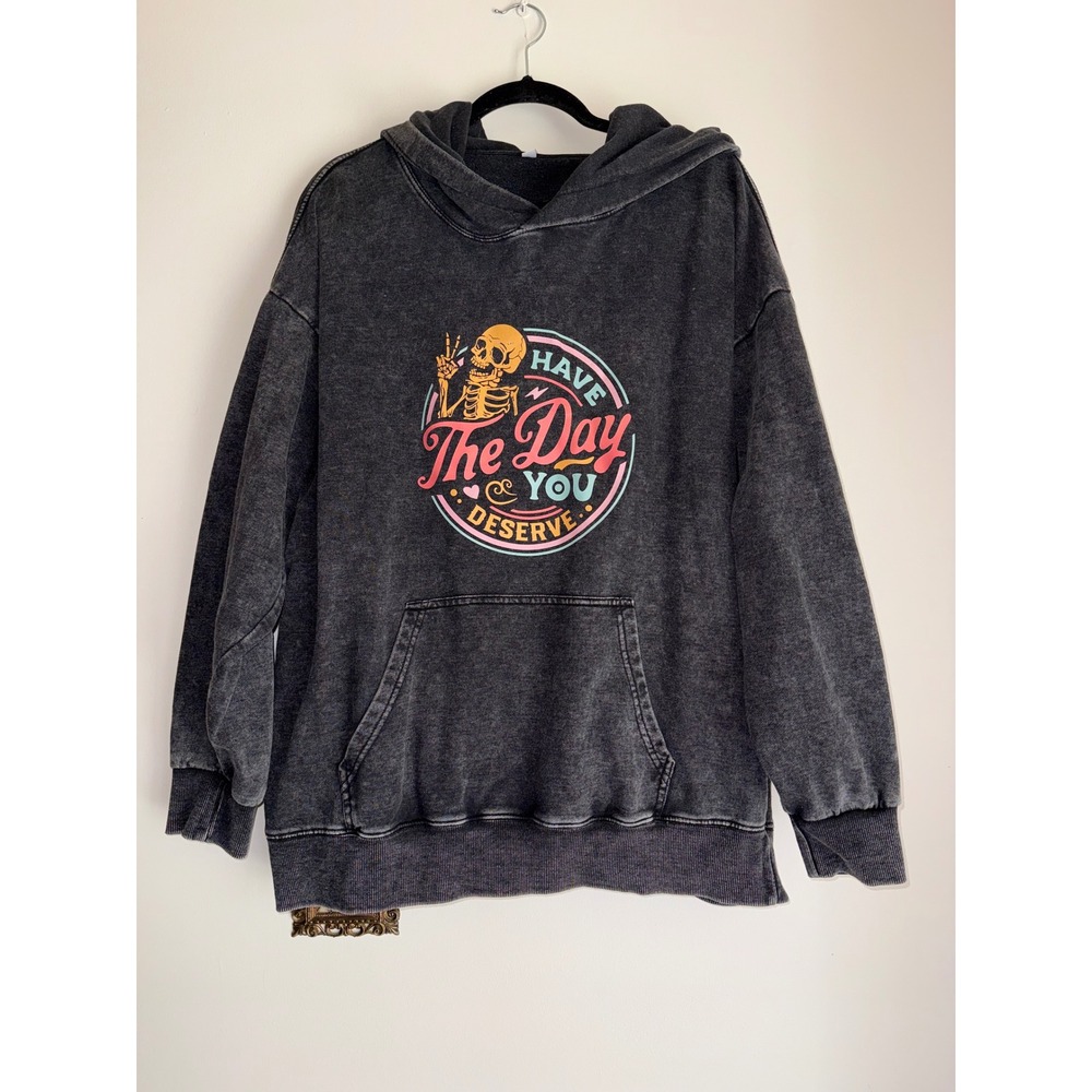 Acid Wash Skeleton Graphic Hoodie‎ Have The Day You Deserve Charcoal Gray XL